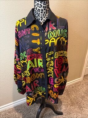 Black Button-Up Shirt with Neon Graffiti Words